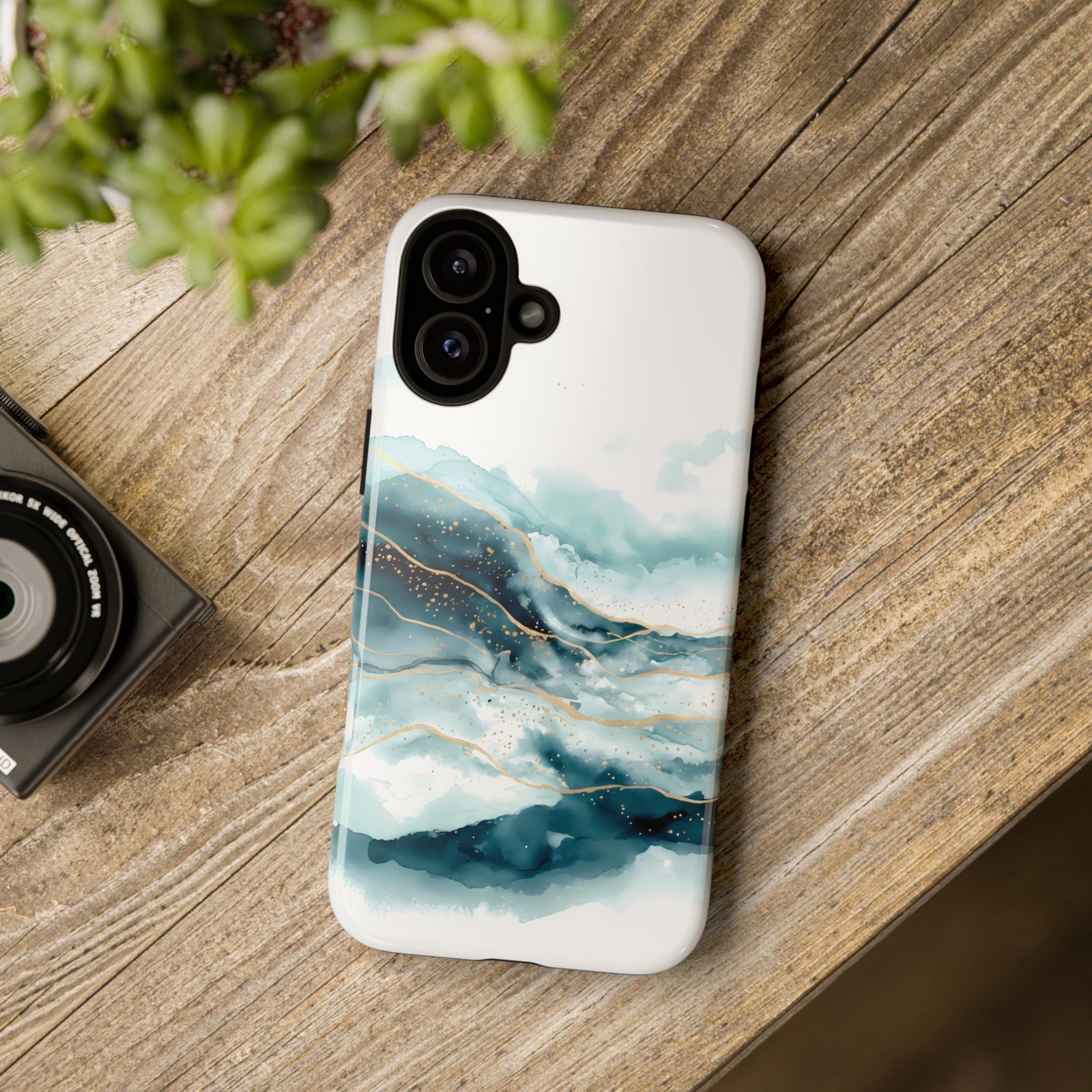 The Ocean’s Whisper | Watercolor Tough Phone Case for iPhone 17 16 15 Pro Max | Protective Artful Teal & Gold Cover - Image 2
