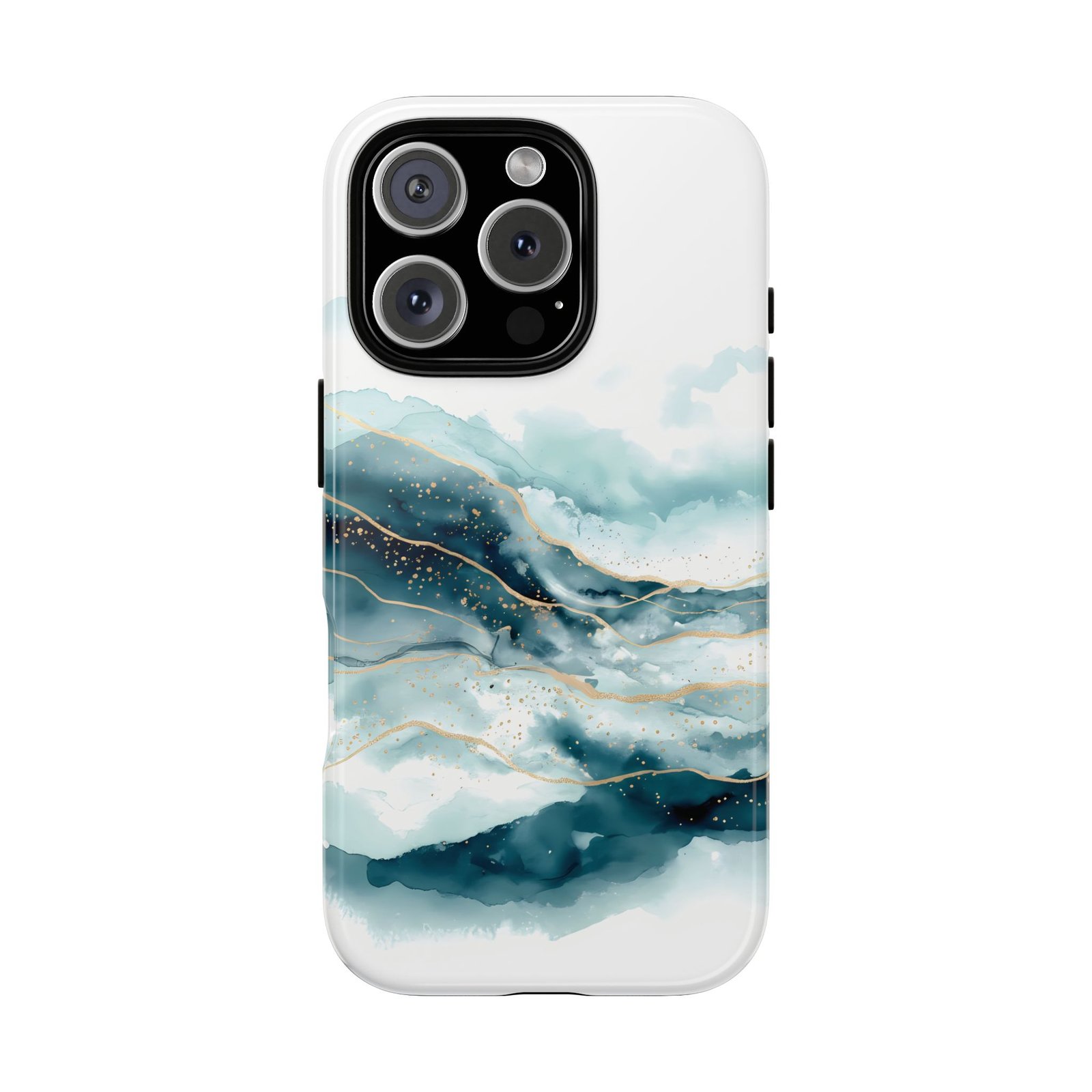 The Ocean’s Whisper | Watercolor Tough Phone Case for iPhone 17 16 15 Pro Max | Protective Artful Teal & Gold Cover - Image 3