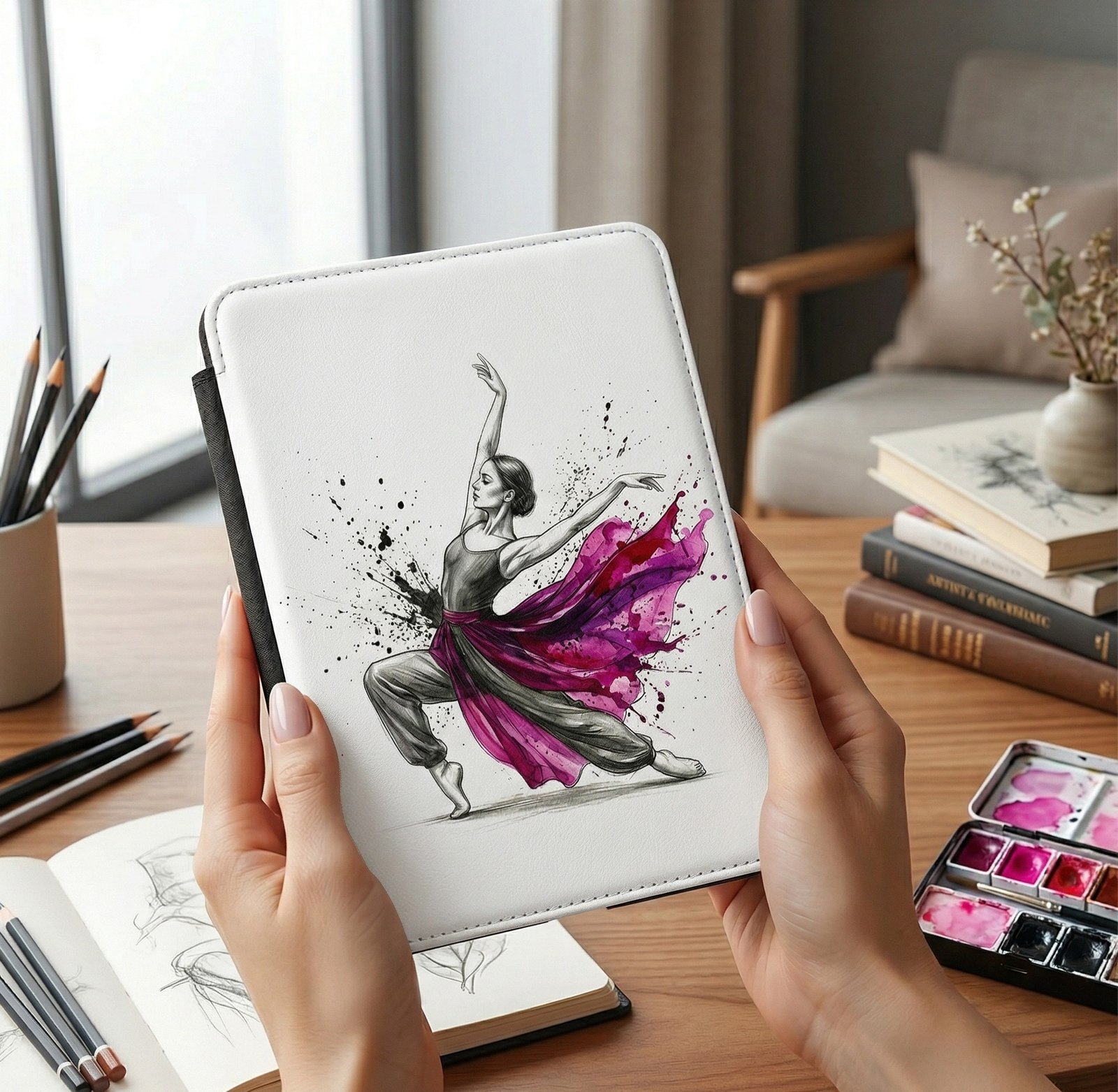 Kindle Case — Graceful Dancer Cover with Pink Watercolor Splash - Image 3
