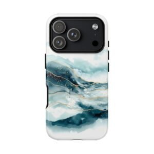 The Ocean’s Whisper | Watercolor Tough Phone Case for iPhone 17 16 15 Pro Max | Protective Artful Teal & Gold Cover
