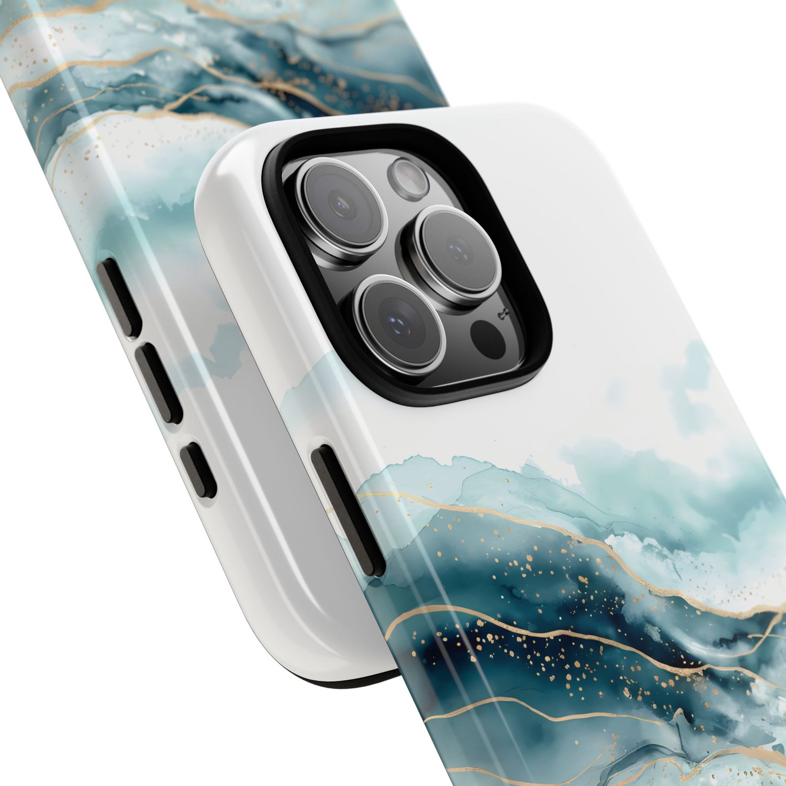 The Ocean’s Whisper | Watercolor Tough Phone Case for iPhone 17 16 15 Pro Max | Protective Artful Teal & Gold Cover - Image 4